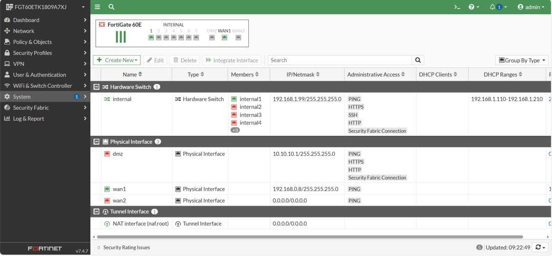 FORTINET FORTIGATE-60E(ライセンス切)【v7.4.7】①
