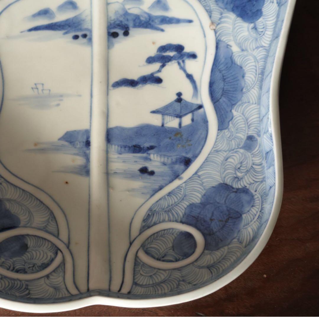送料無料　江戸時代　後期　古伊万里　染付　山水図　軍配形　大皿　飾皿　希少作品
