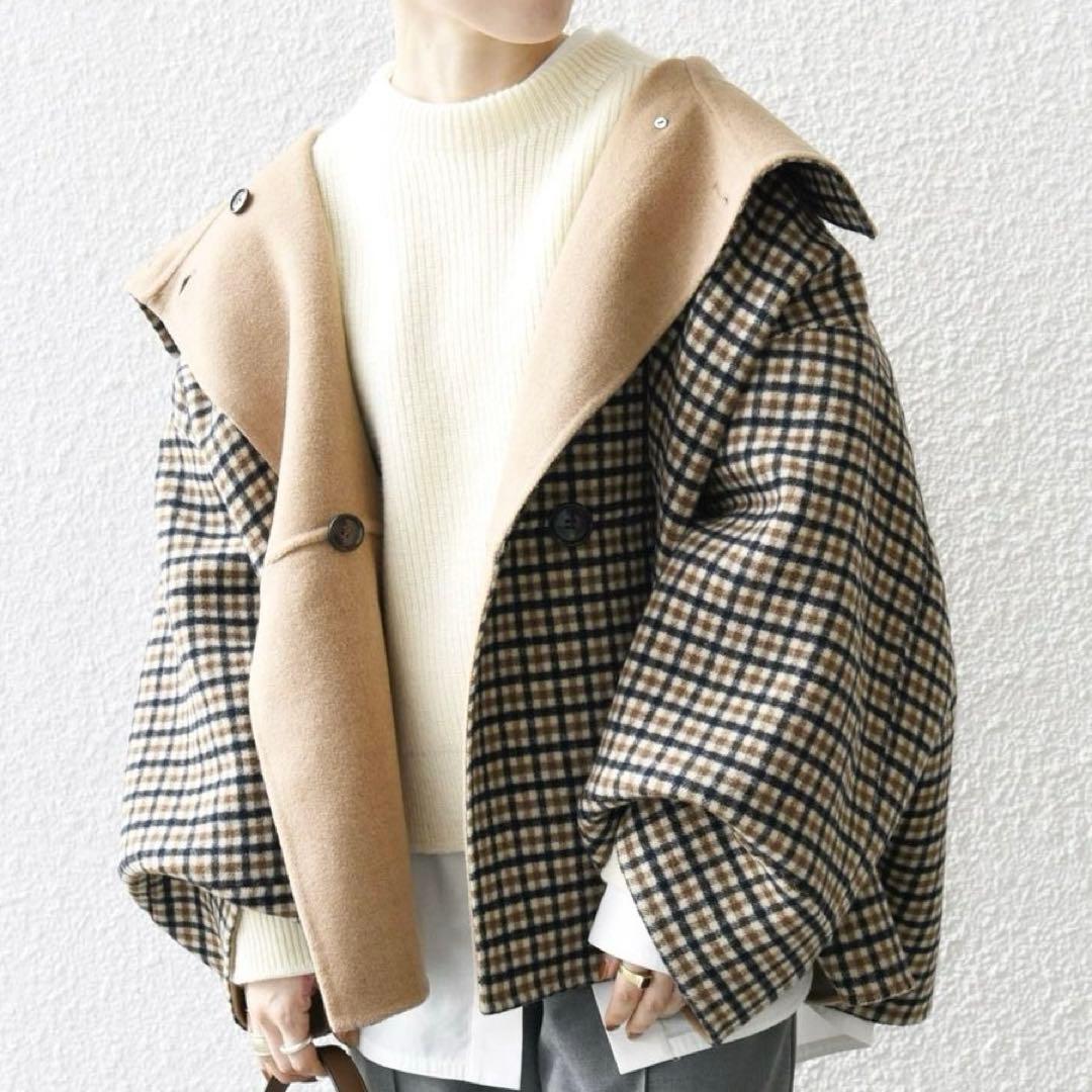 SHIPS any リバー スタンドカラー ポンチョ ショート コート　ベージュ