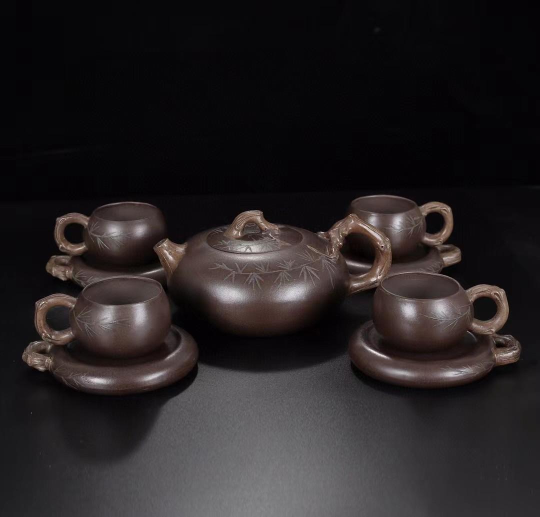 中国古美術・松針紫砂壺セット・底款蔣蓉紋・宜興原鉱・紫泥急須・茶壺・茶道具・置物