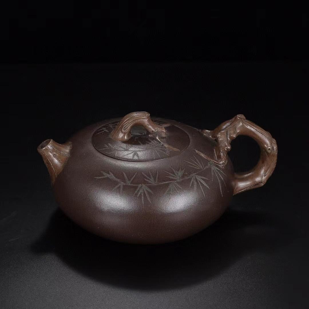 中国古美術・松針紫砂壺セット・底款蔣蓉紋・宜興原鉱・紫泥急須・茶壺・茶道具・置物