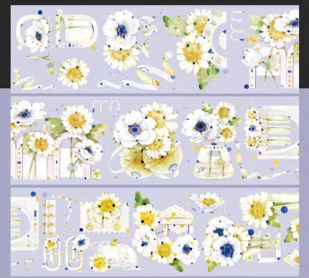 巻売 532★ 海外 マスキングテープ マステ PET 装飾 花 銀ホロ