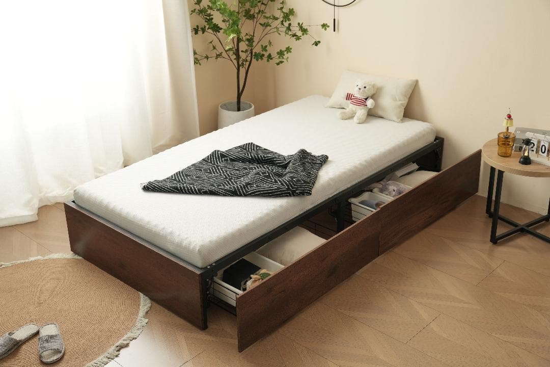 【ブラック】 パイプベッド 折りたたみフレーム 収納付き シングル 組立簡単