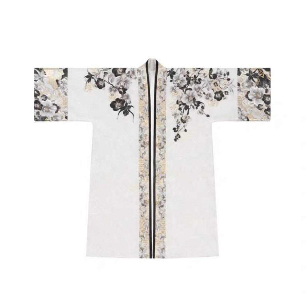 百合胡蝶蘭　織錦長褙子 白黒色ロングアウター 宋製漢服　西陣織　成人式　着物和装