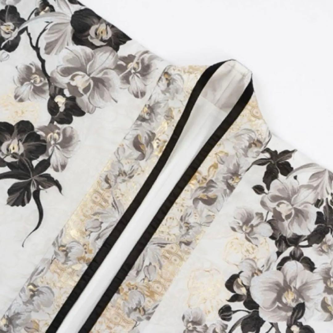 百合胡蝶蘭　織錦長褙子 白黒色ロングアウター 宋製漢服　西陣織　成人式　着物和装