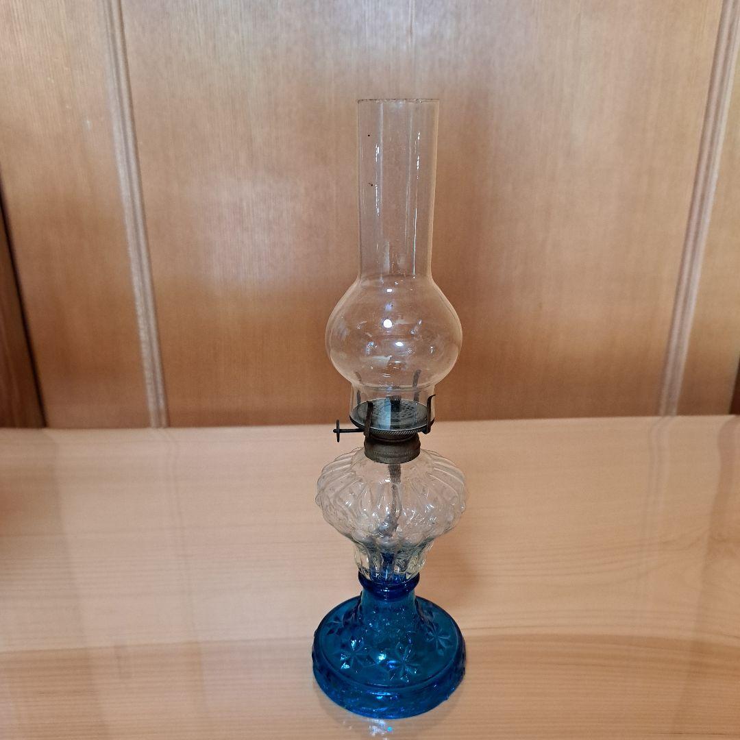 貴重品　未使用　明治〜大正期　魅惑のブルーガラス　オイルランプ　収納飾り台セット