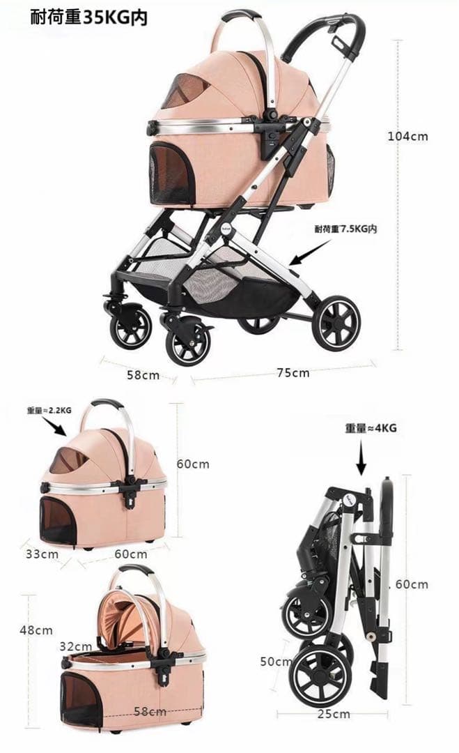 Kenyone ペットカート 分離型 折りたたみ　ピンク