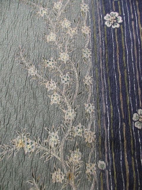 ロミ新古品！ふくれ織＊花唐草＆タテ柄＊松葉色＊紋無し訪問着１６０ｃｍ裄６５