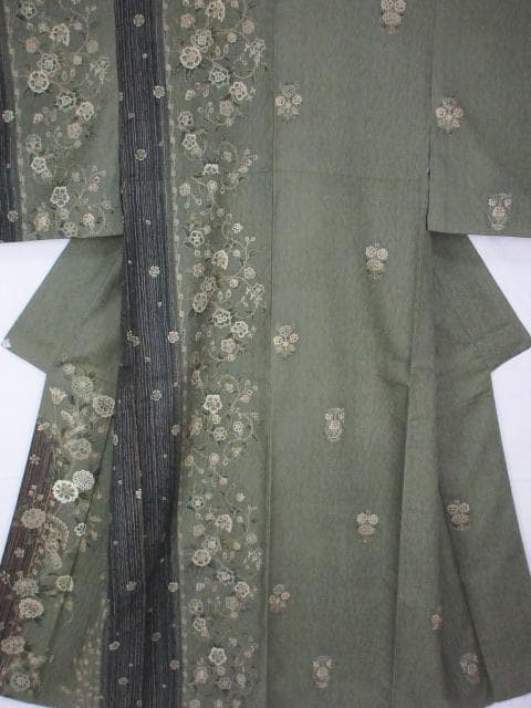 ロミ新古品！ふくれ織＊花唐草＆タテ柄＊松葉色＊紋無し訪問着１６０ｃｍ裄６５