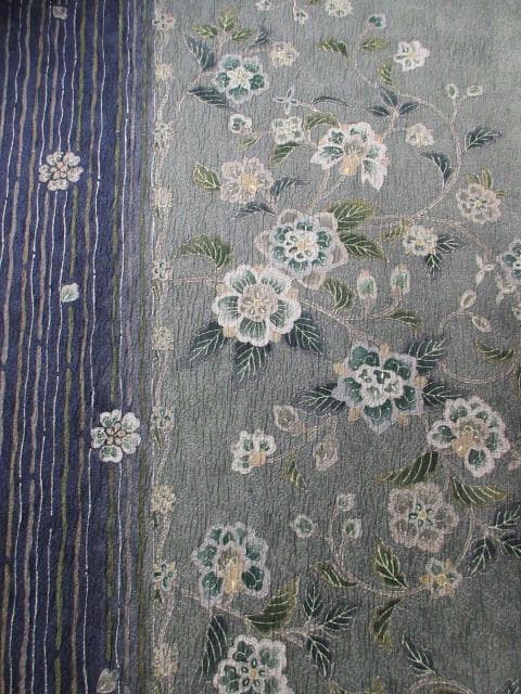 ロミ新古品！ふくれ織＊花唐草＆タテ柄＊松葉色＊紋無し訪問着１６０ｃｍ裄６５