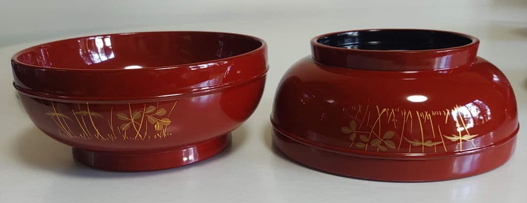 輪島塗　朱塗 大平椀　磨蒔絵 秋草の図　4客