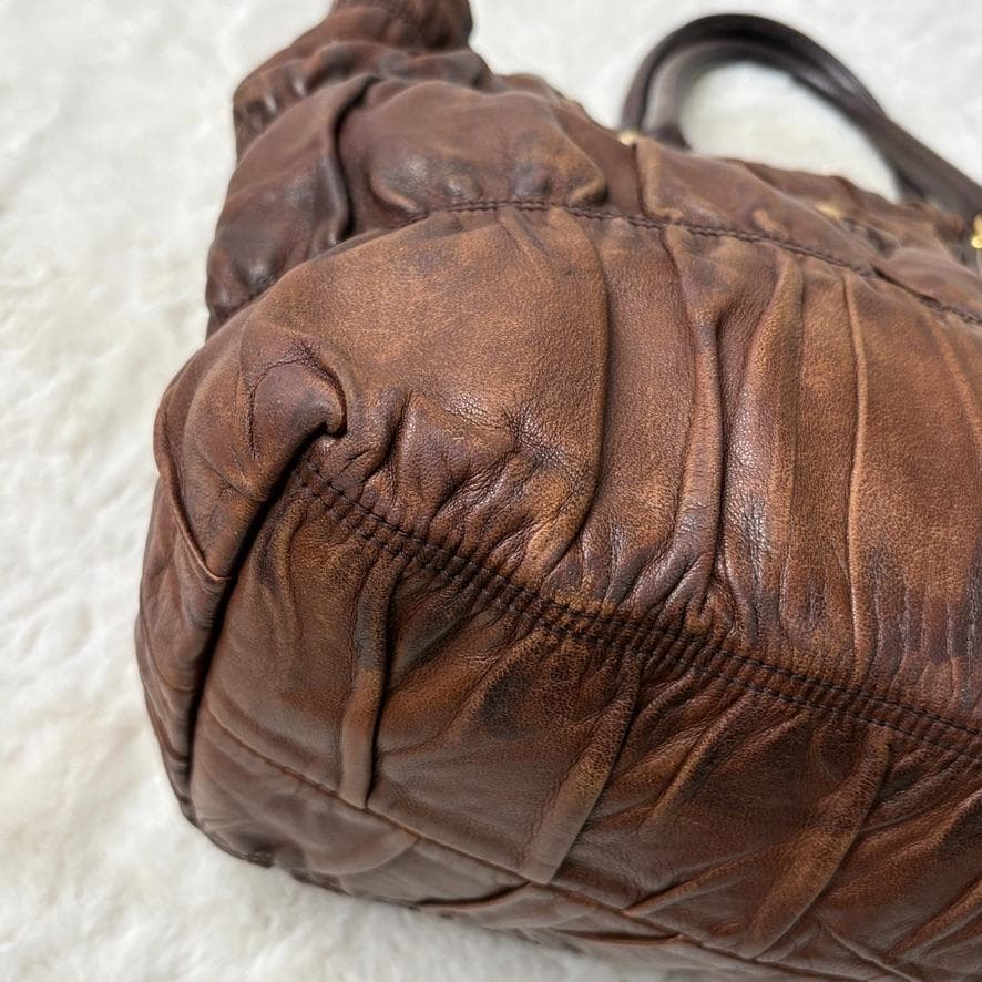 真贋済　PRADA プラダ　ハンドバッグ　羊革　ゴーフル　ブラウン