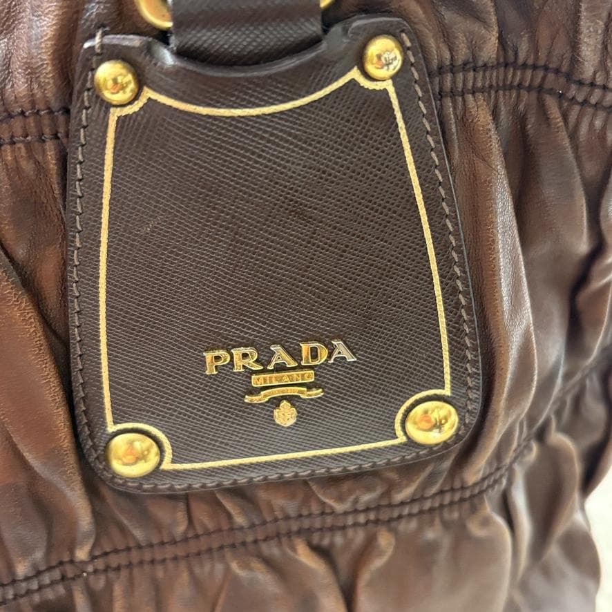 真贋済　PRADA プラダ　ハンドバッグ　羊革　ゴーフル　ブラウン