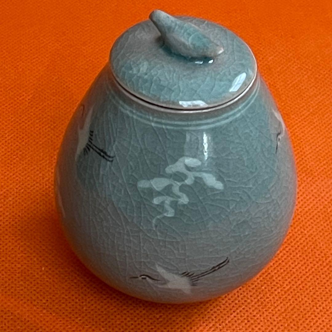 人間国宝 海剛 柳海剛 柳根瀅 高麗青磁象嵌曇鶴文 茶入 桐共箱