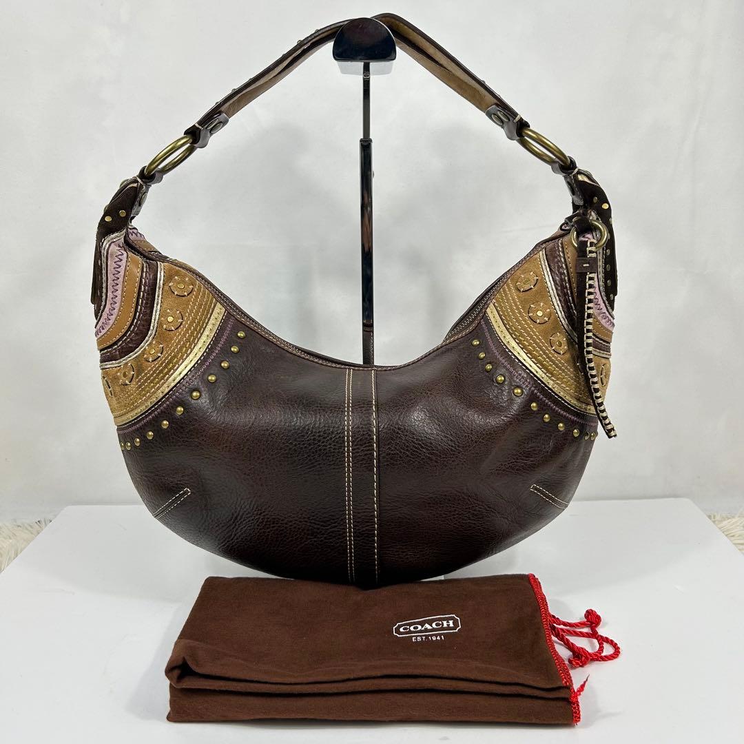 バッグ Coach Leather Studded Hobo Bag Brown