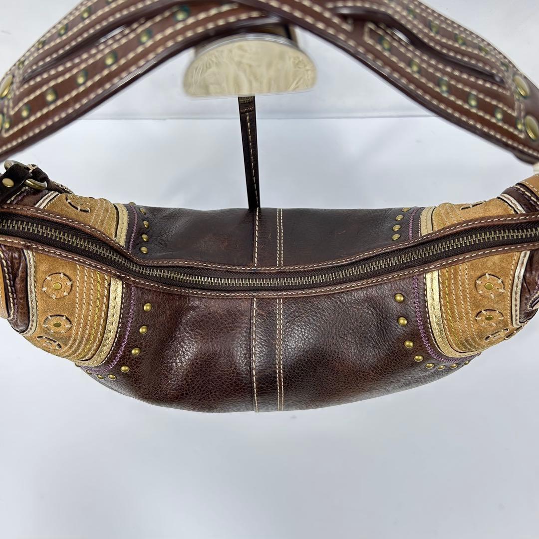 バッグ Coach Leather Studded Hobo Bag Brown