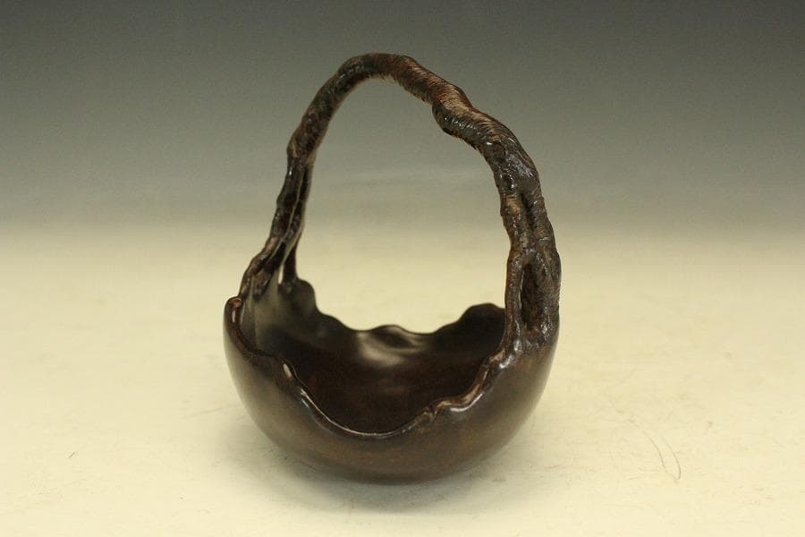 紫檀 刻 手付 皿 文房四宝 卓上飾 高9.4cm(HA491)