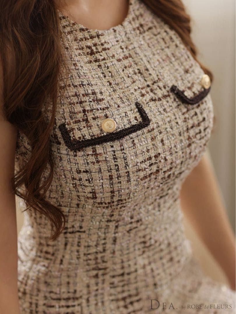 ローブドフルール robedefleurs ラメツイードプリーツミニドレスS