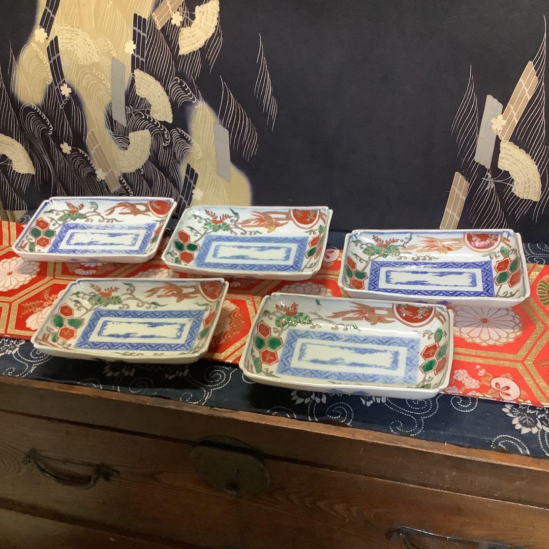 古伊万里　金欄色絵　絵皿　鳳凰紋　長方皿　5客　江戸〜幕末　輪島塗・李朝好きにも