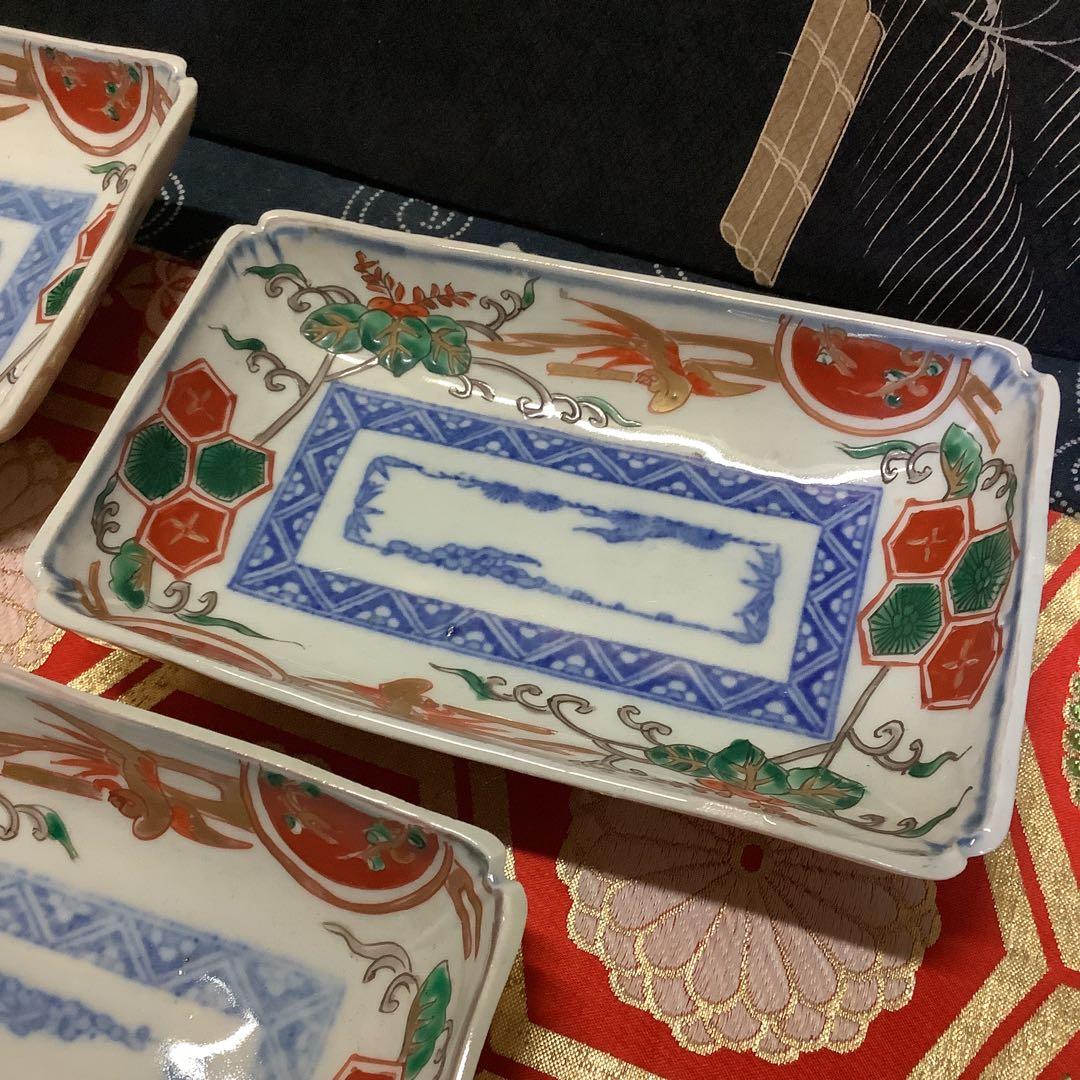 古伊万里　金欄色絵　絵皿　鳳凰紋　長方皿　5客　江戸〜幕末　輪島塗・李朝好きにも