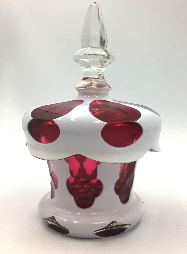 ビンテージアンティーク白被せ大正切子 キャンディポット　チェコ チェコスロバキア