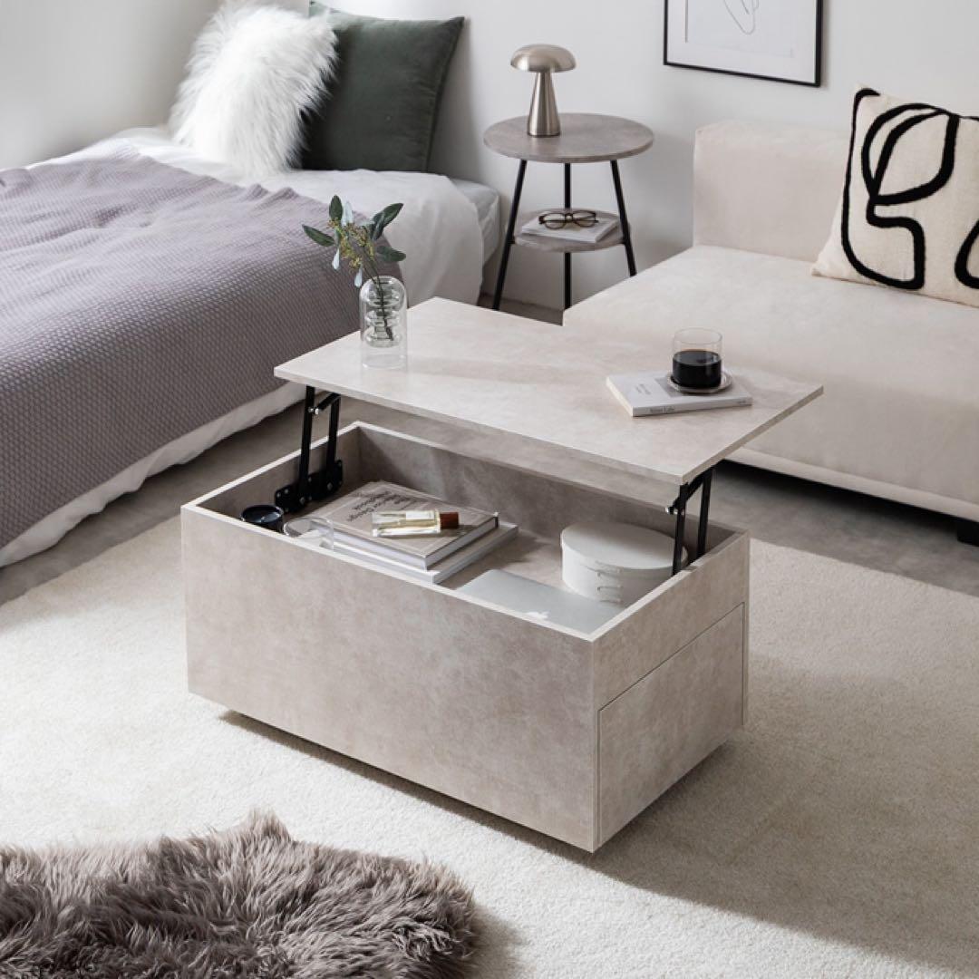 【幅80cm】昇降式センターテーブル ストーン 収納