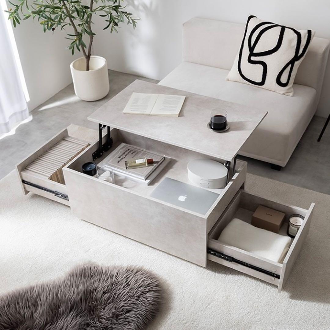 【幅80cm】昇降式センターテーブル ストーン 収納