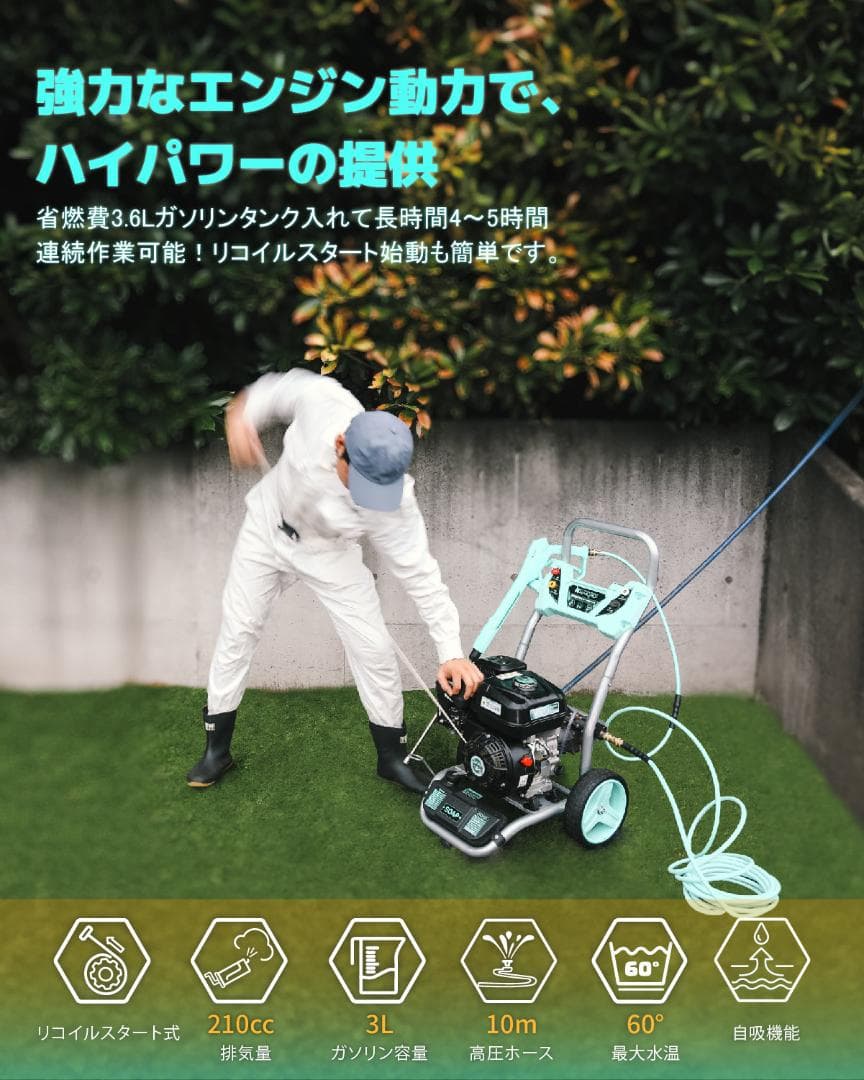高圧洗浄機エンジン式 エンジ 付き高圧洗浄機 21Mpa 4つの噴射パターン