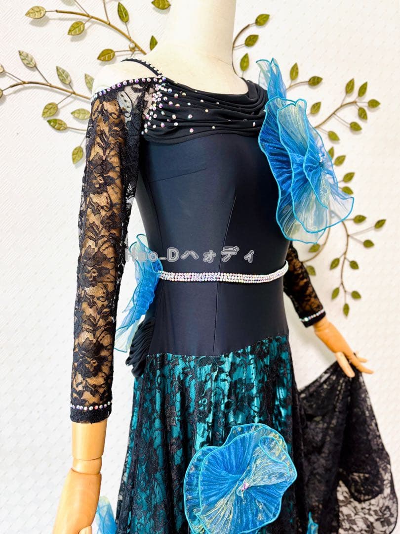 新品★ダンスドレス★スタンダード★社交ダンス★競技会★パーティー★黒&ターコイズ