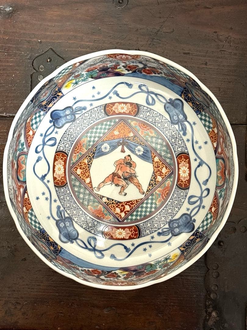 【古伊万里】未使用の色絵大皿・大鉢 大相撲@大翔山引退記念27cm