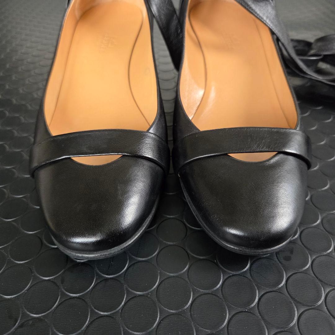 HERMES　レザーパンプス　リボン アンクルストラップ　ウエッジソール　23㎝