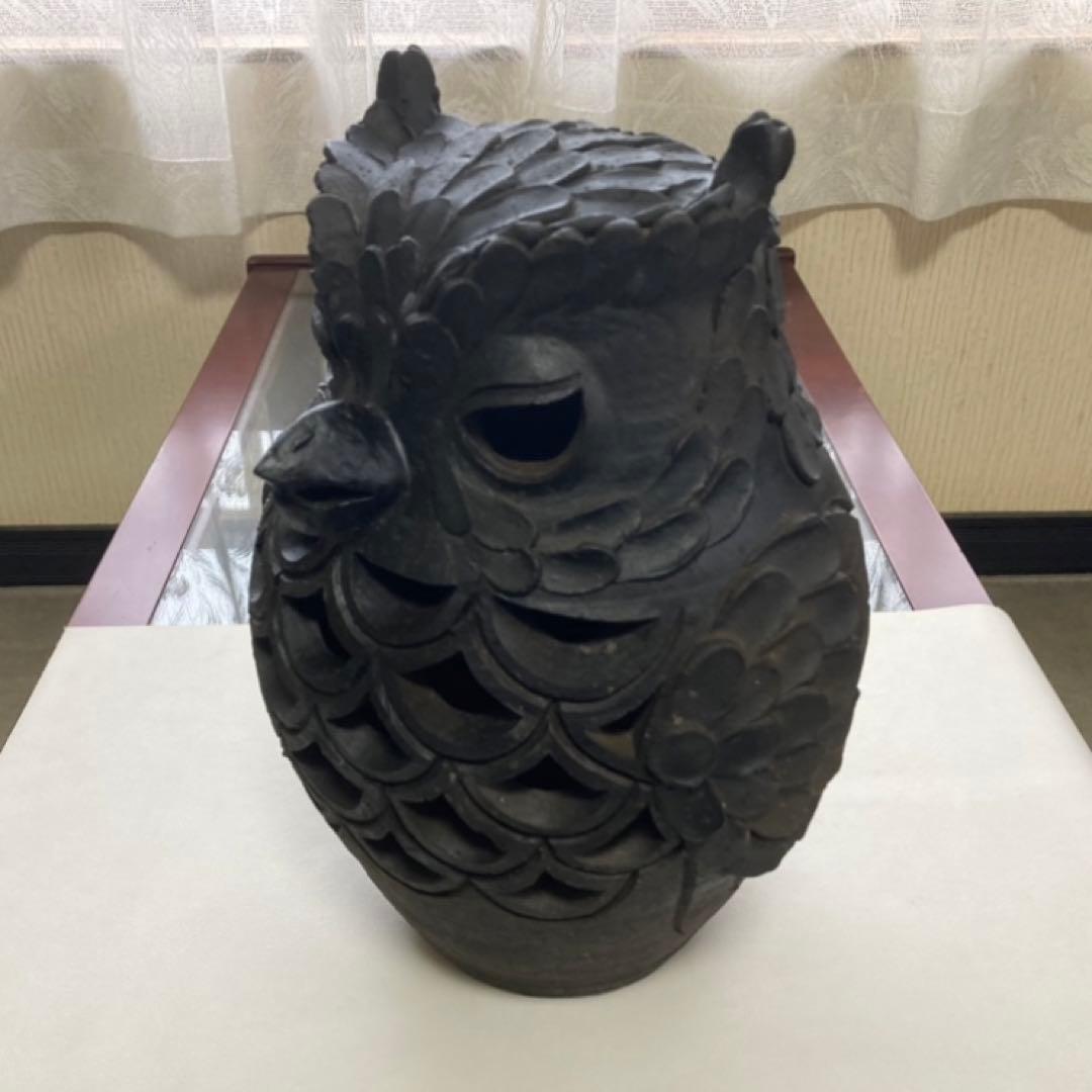 信楽焼 陶器 フクロウ 梟 置物 オブジェ 透かし 工芸品 モダン レトロ