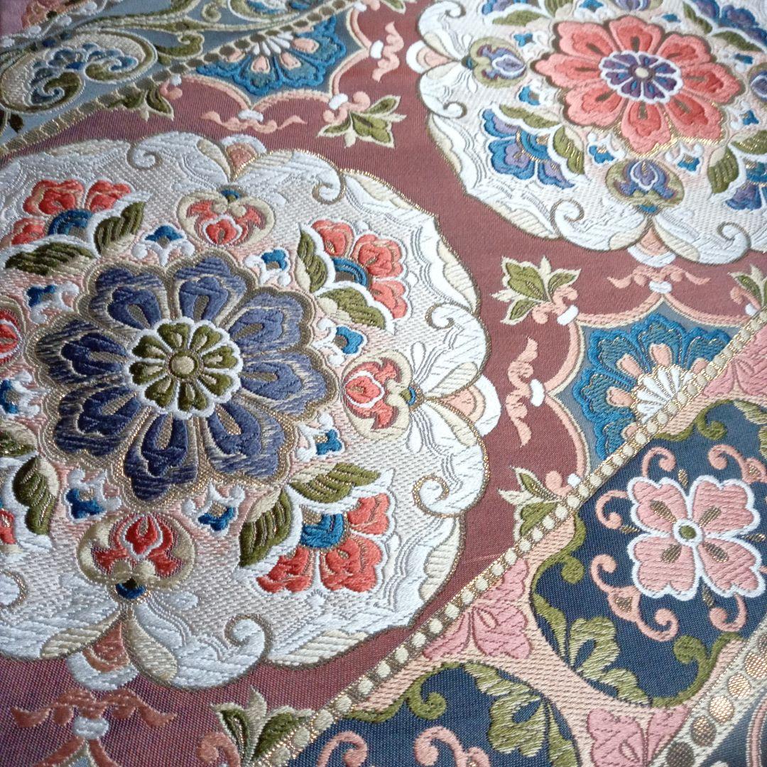 値下げ依頼受付　袋帯　細かく美しい刺繍　本金箔　31×432㎝　金ピンクグレー青