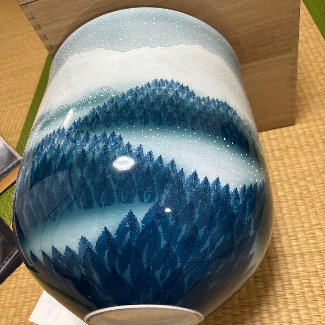藤井朱明 壺 飾り壺 花器 日展人気作家 花瓶 有田焼 特大雪景色 共箱付き