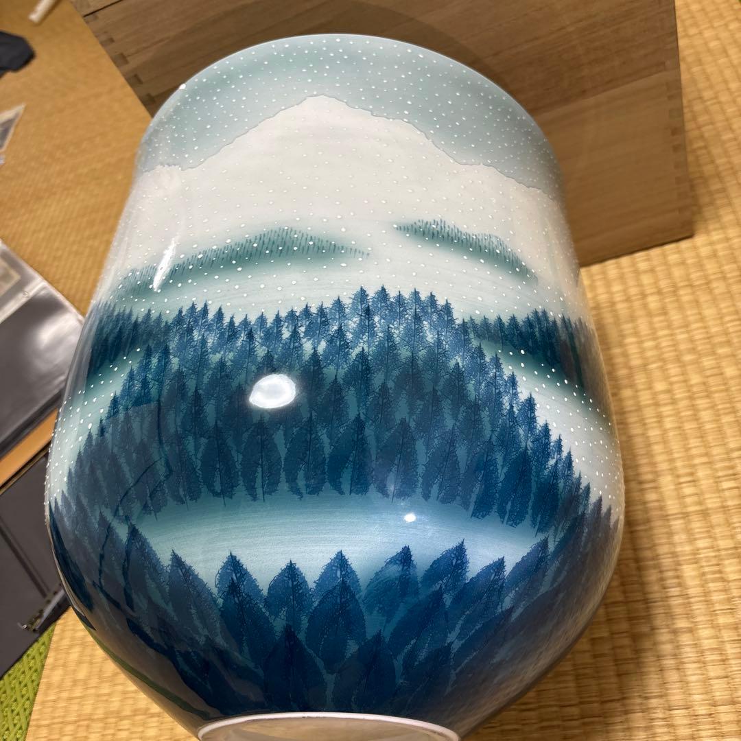 藤井朱明 壺 飾り壺 花器 日展人気作家 花瓶 有田焼 特大雪景色 共箱付き