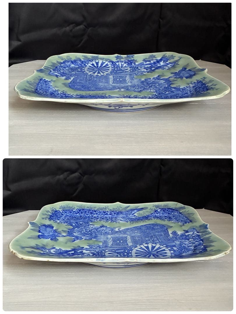 時代物 印判皿 特大皿　御所車 牡丹 枝垂れ桜 縁起物 骨董 大皿　金継ぎ用