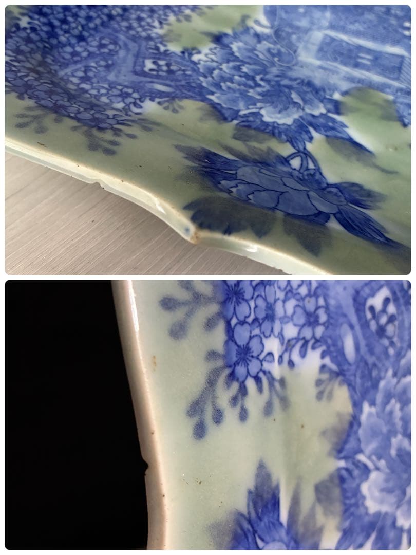 時代物 印判皿 特大皿　御所車 牡丹 枝垂れ桜 縁起物 骨董 大皿　金継ぎ用