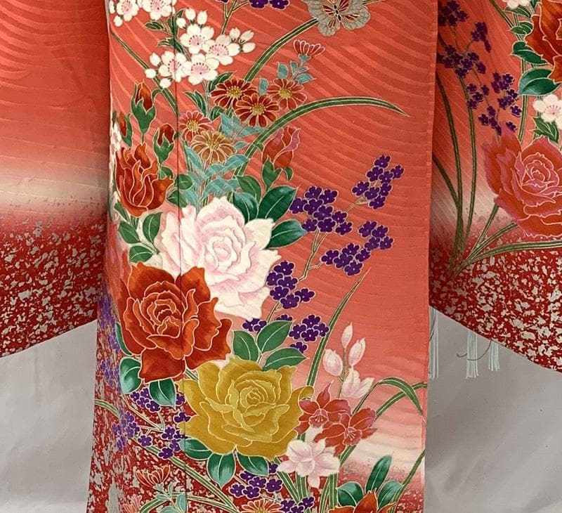 508ag92□七五三 七歳 女児 着物&袋帯 銀彩 薔薇 蝶□状態良好