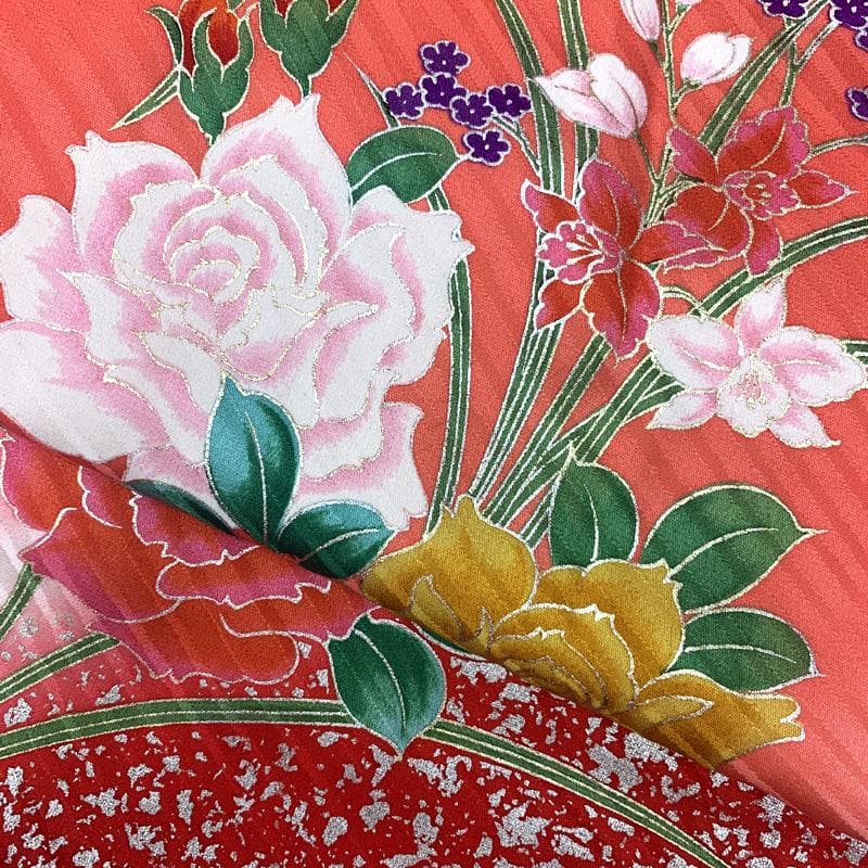 508ag92□七五三 七歳 女児 着物&袋帯 銀彩 薔薇 蝶□状態良好