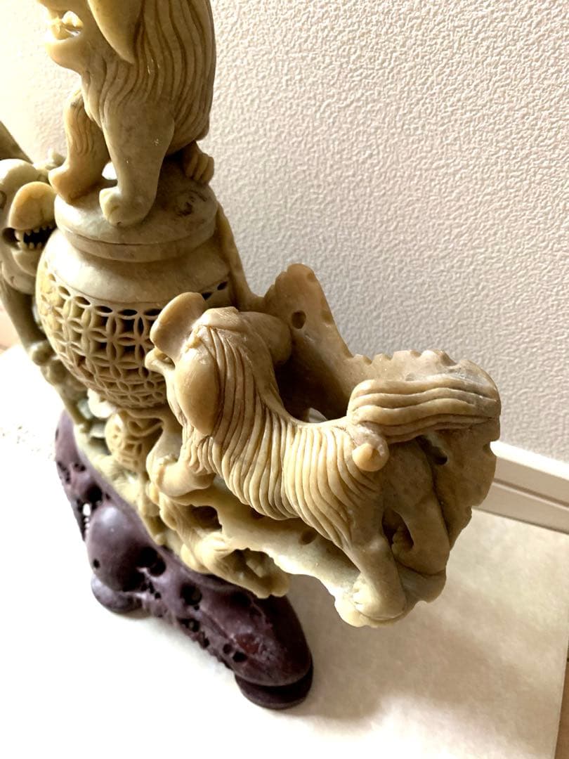 『中国』天然石 青田石 骨董彫刻アンティーク 獅子鈕蓋爐 超大香炉 置物(5)