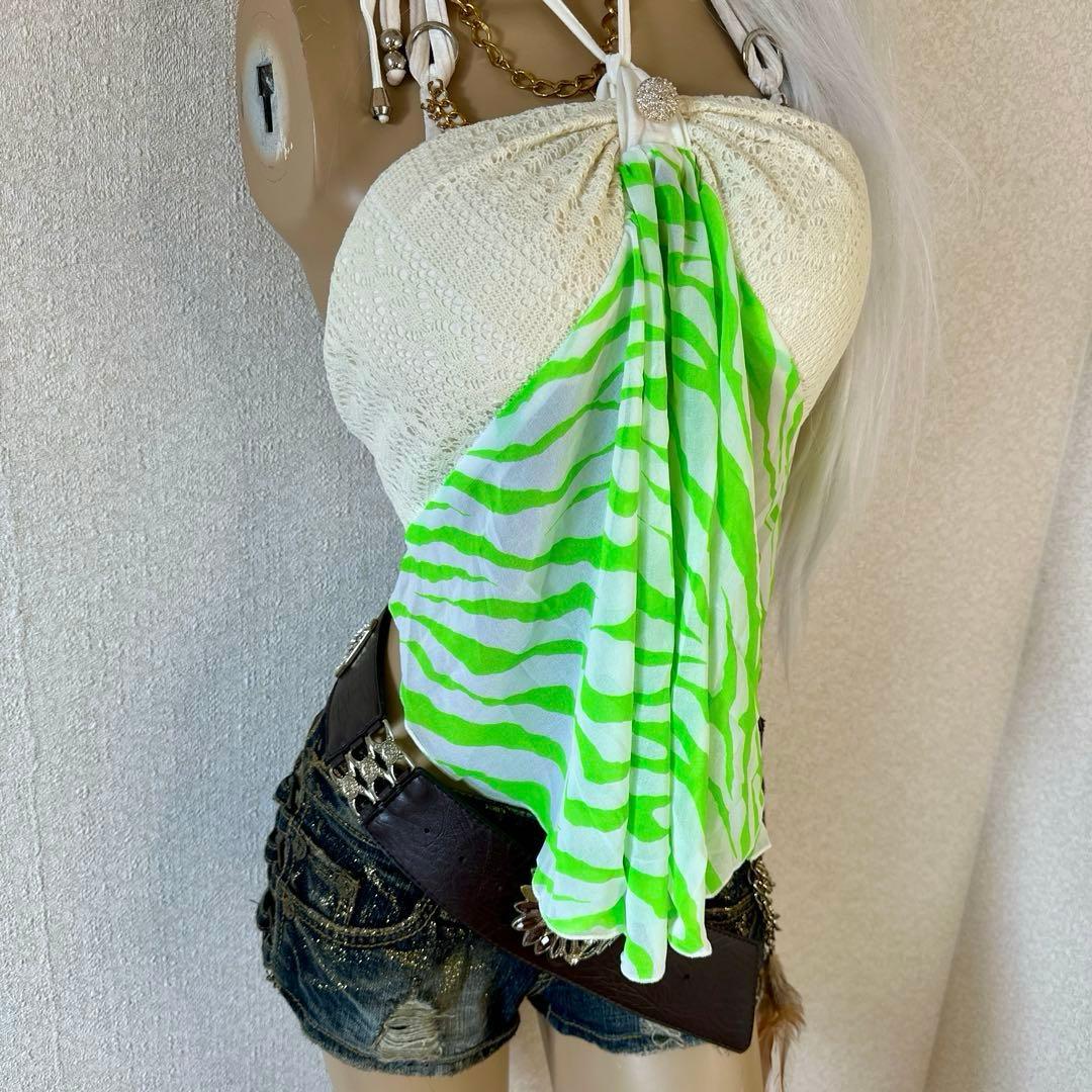 【GALEO】d.i.a.系 ゼブラ柄エプロンキャミ ネオングリーン×ホワイト