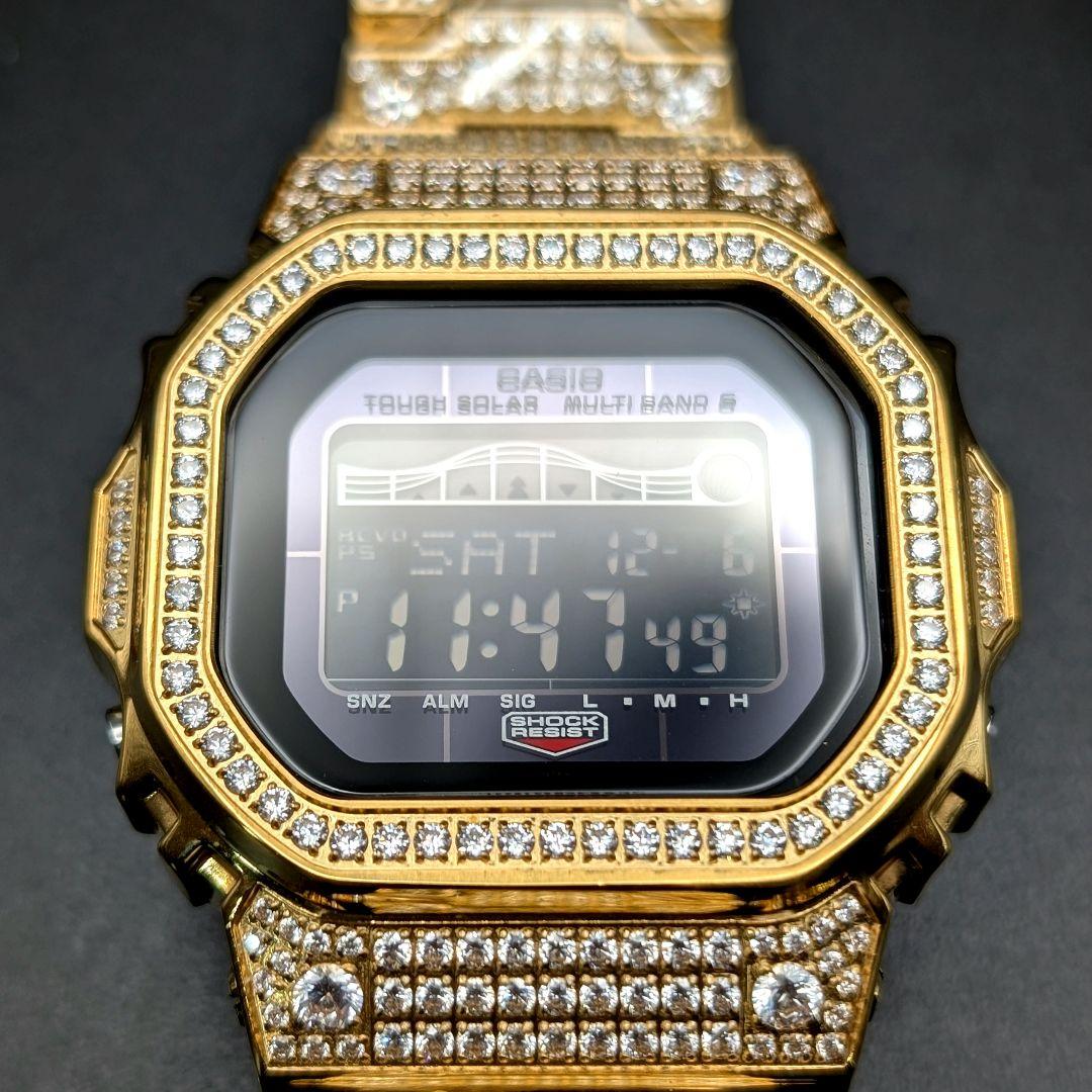 美品 GWX5700 電波ソーラー タイドグラフ ダイヤ装飾ゴールドフルメタル