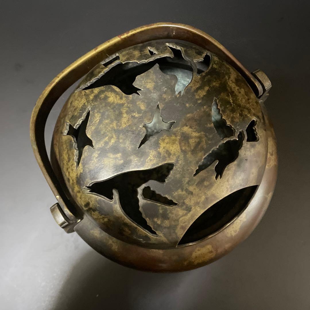 特大　 斑紫銅　鳥透かし香炉　火鉢10