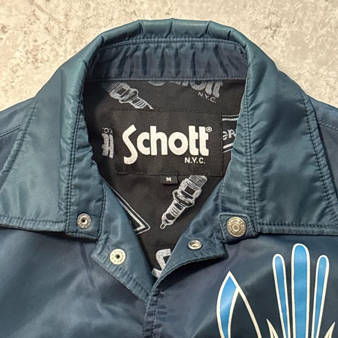 schott ナイロンコーチジャケット バックプリント ピンスト ネイビー M
