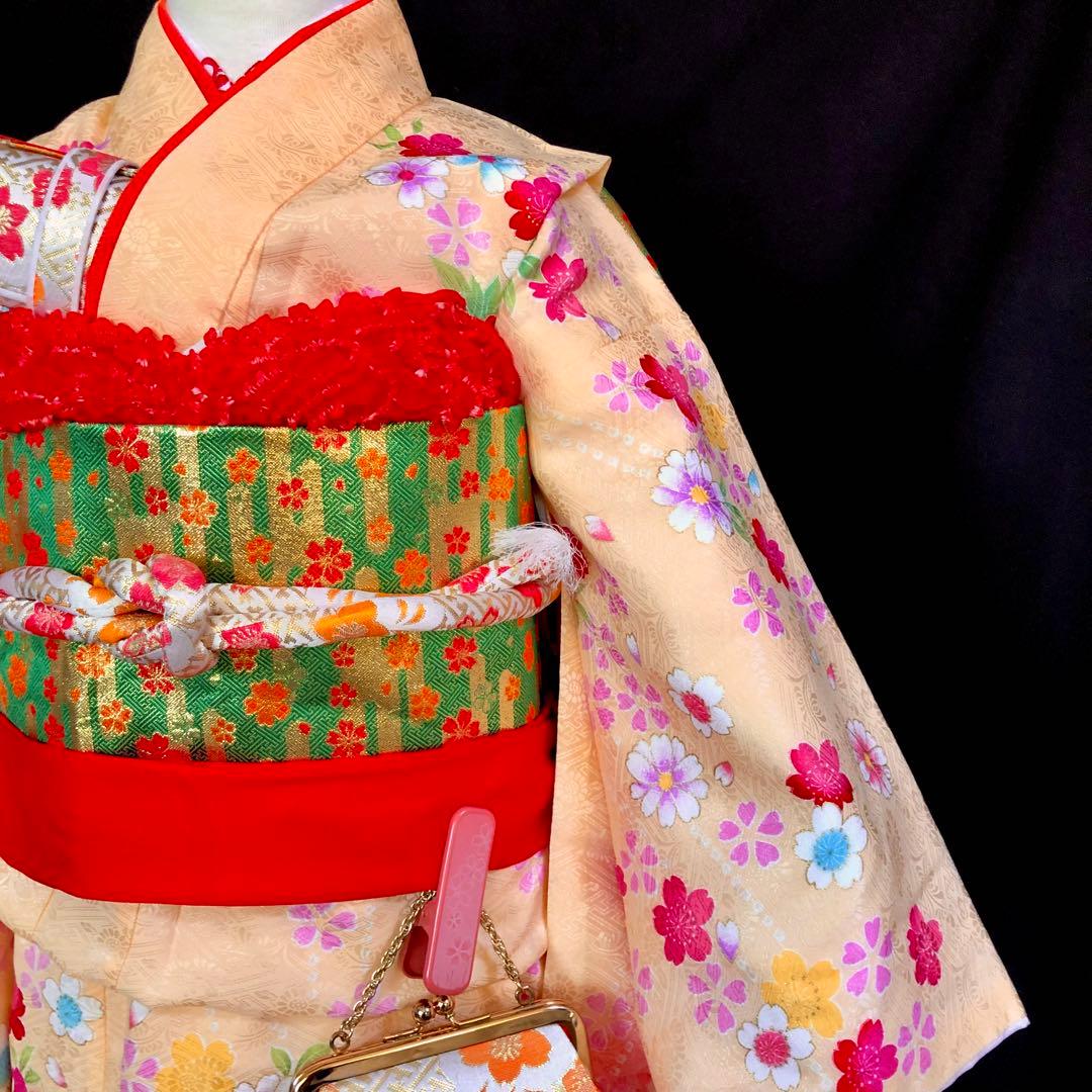 【正絹】 七五三　7歳　絵羽　桜　刺繍　着物　四つ身　作り帯　セット　女の子