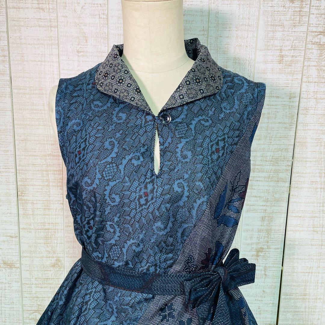 着物リメイク＊数種類の正絹大島紬で立ち襟＆テントラインワンピースＭ〜Ｌ