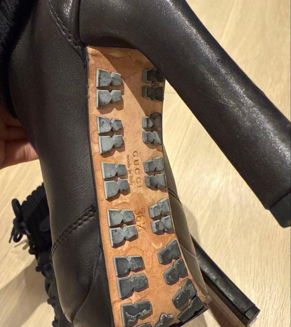 GUCCI レディース　ショートブーツ　レザー&ニット　ブラック　36.5