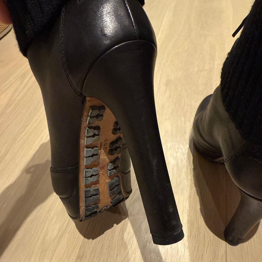 GUCCI レディース　ショートブーツ　レザー&ニット　ブラック　36.5