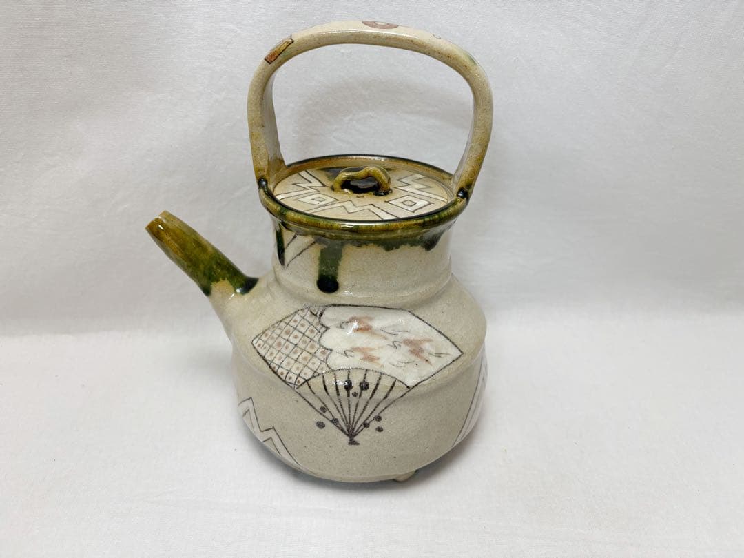 ほぼ未使用 茶道具 田中源彦造 菊泉窯 織部水注 陶印 提梁式 水次 共箱