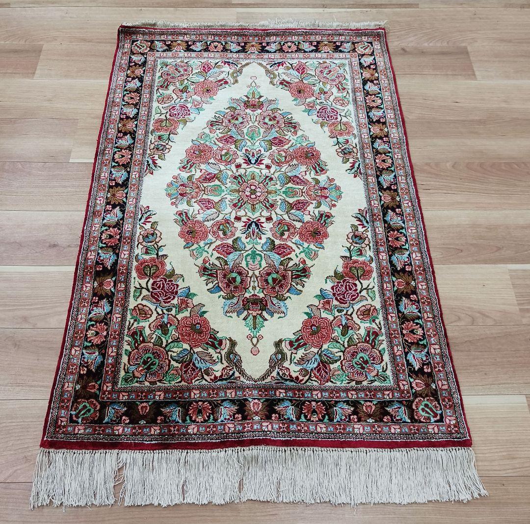 Y3349 高級ペルシャ絨毯 クム産 シルク100% 手織り 保証書付